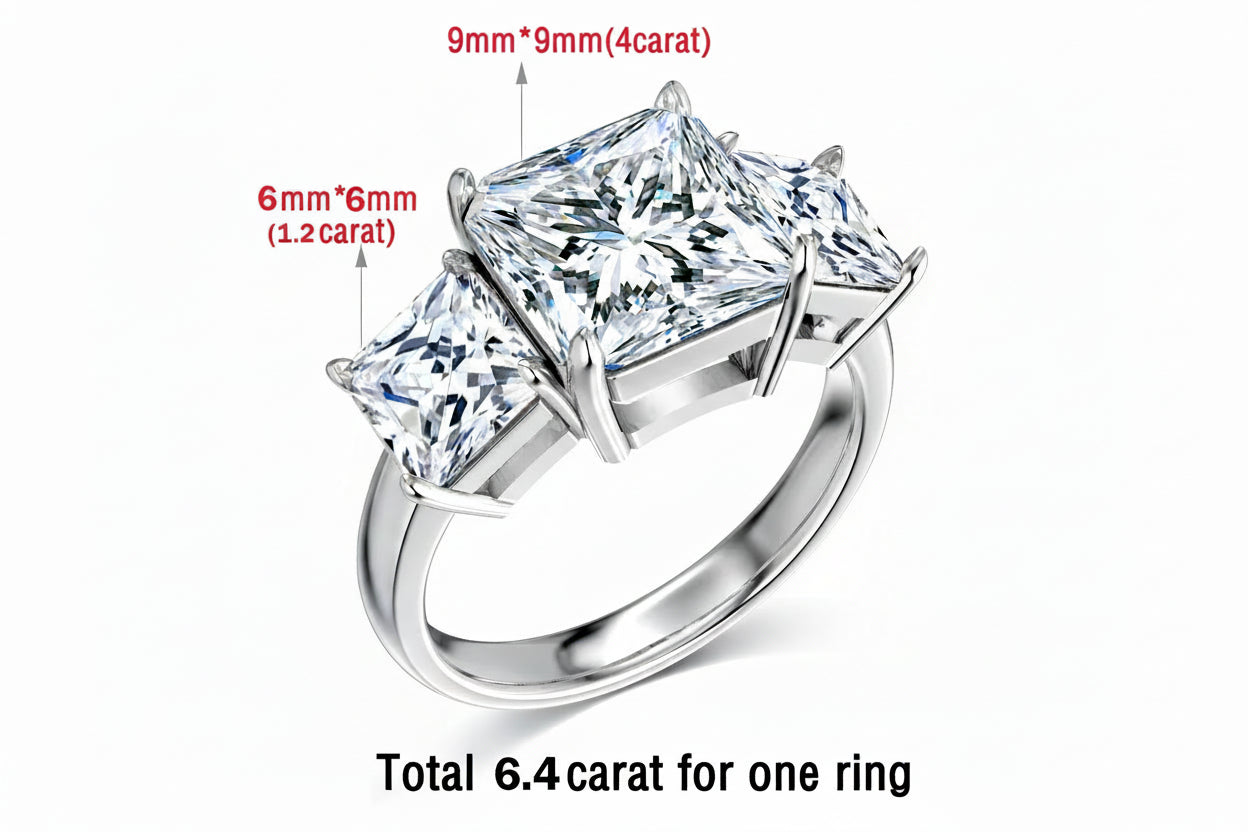 6.4 CT Princess Cut Moissanite Engagement Ring – 925 Sterling Silver